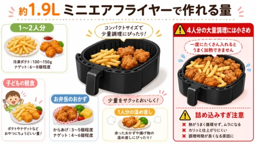 ミニエアフライヤーの1.9L容量と1〜2人分の使用イメージ