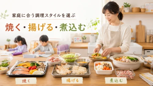 家庭で使う調理スタイルの違いを比較する小学生ママ向けキッチンイメージ