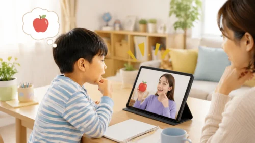 絵とジェスチャーで英語だけのレッスンを理解する子ども