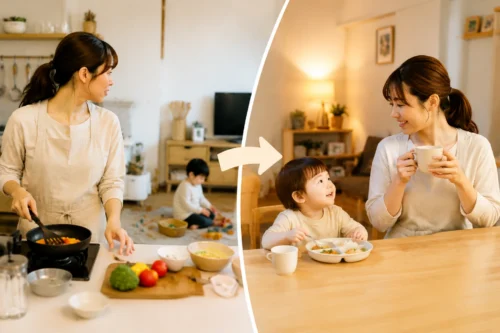 ワンオペ育児で食事準備に負担を感じる家庭のイメージ