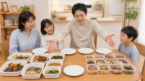 ツクリオとシェフの無添つくりおきの料理を家族で取り分ける比較イメージ