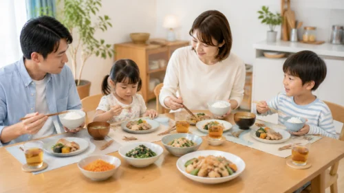 未就学児と小学生の食べる量に合わせて夕食を盛り付ける保護者