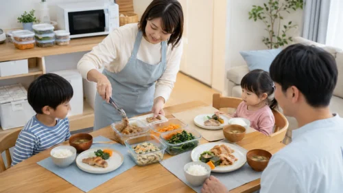 冷蔵の主菜と副菜を家族の皿へ取り分ける食卓