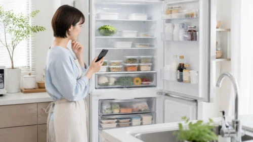 冷蔵の作り置きおかずを入れるスペースを確認する保護者