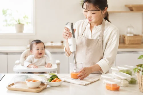ハンドブレンダーで少量の離乳食を作るイメージ