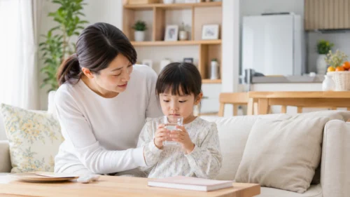 子どもの健康管理をする家庭の様子