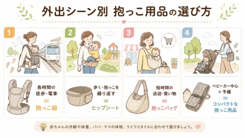 長時間の外出や送迎など使用場面別の抱っこ用品の選び方