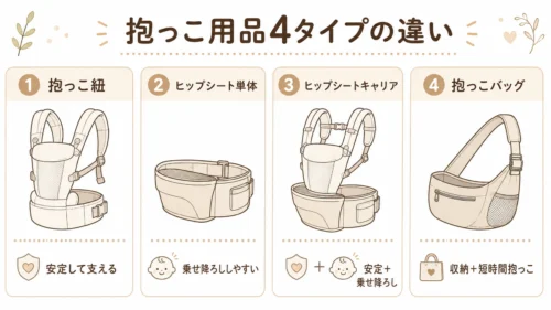 抱っこ紐とヒップシートと抱っこバッグ4タイプの違い