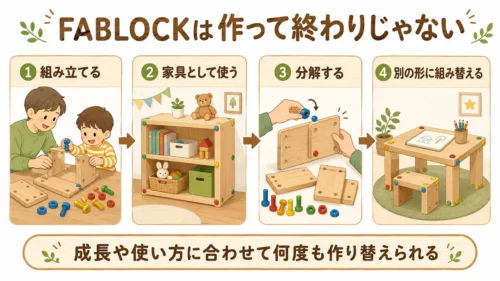 FABLOCKを組み立てて家具として使い別の形へ組み替える流れ