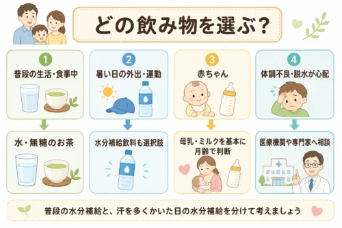 妊娠中や子どもの水分補給でグリーンダカラと水や麦茶を選び分けるフローチャート