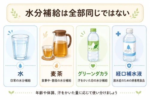 水、麦茶、グリーンダカラ、経口補水液の用途と特徴を比較した表