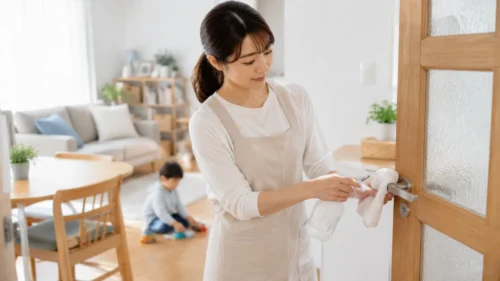 家庭内感染対策として身の回りを清潔にする様子