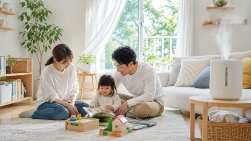 子どもがいる家庭で室内環境を整える様子