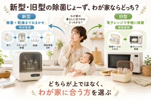 新型・旧型の除菌じょーずの選び方を比較する子育て家庭向けインフォグラフィック