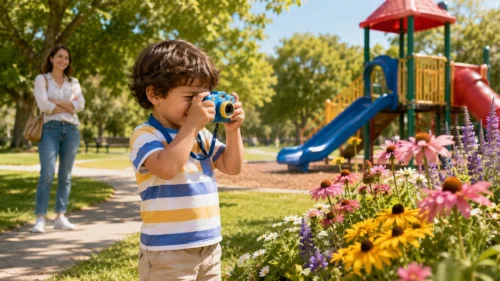 子どもがキッズカメラで写真を撮影するイメージ